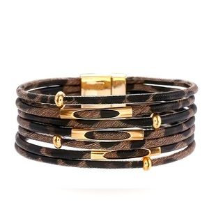 BOHO LEOPARD PATTERN WRAP BRACELET WITH MAGNETIC BUCKLE. 7 1/2” LENGTH.